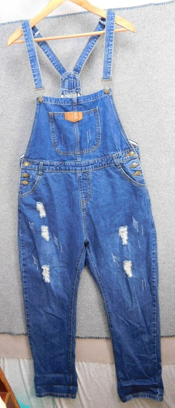 FUBU Women's 28 Inseam Cute Classic Blue Denim Farm Style Distressed Overalls